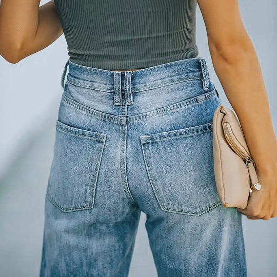 Damen Hochtaillierte weite Straight-Leg-Jeans mit Destroyed-Details Nord Taschen