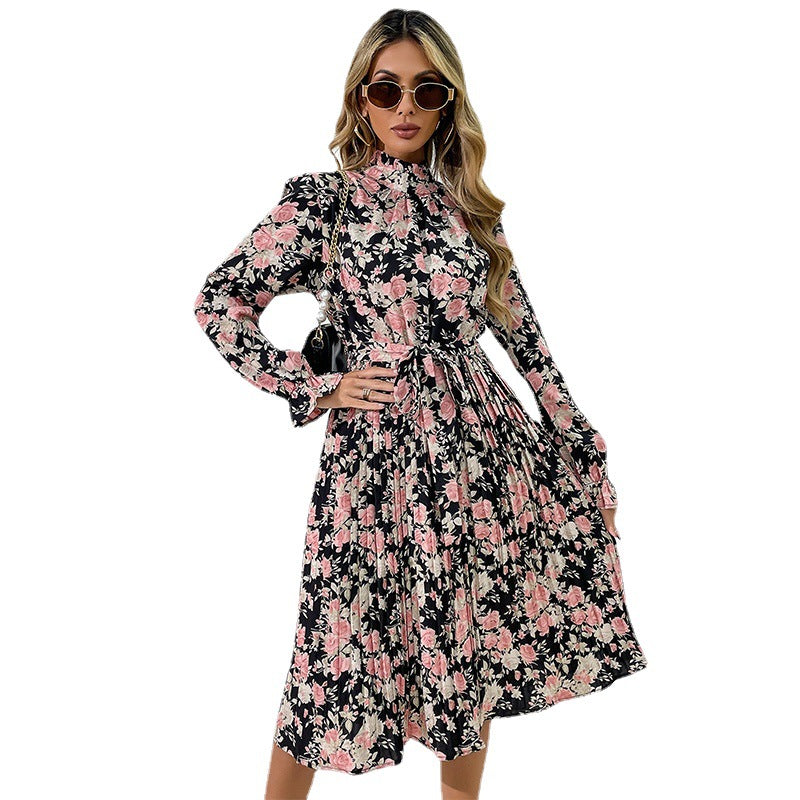 Damen Midikleid mit Blumenprint, Plissée‑Rock, Stehkragen und Bindegürtel Nord Taschen
