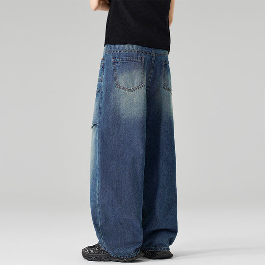Damen Extraweite Denim-Palazzo-Hose mit aufgesetzten Vorderpanelen und Used-Waschung Nord Taschen