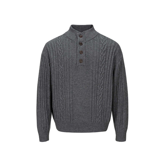 Herren Grobstrukturierter Strickpullover mit Stehkragen und Knopfleiste Nord Taschen