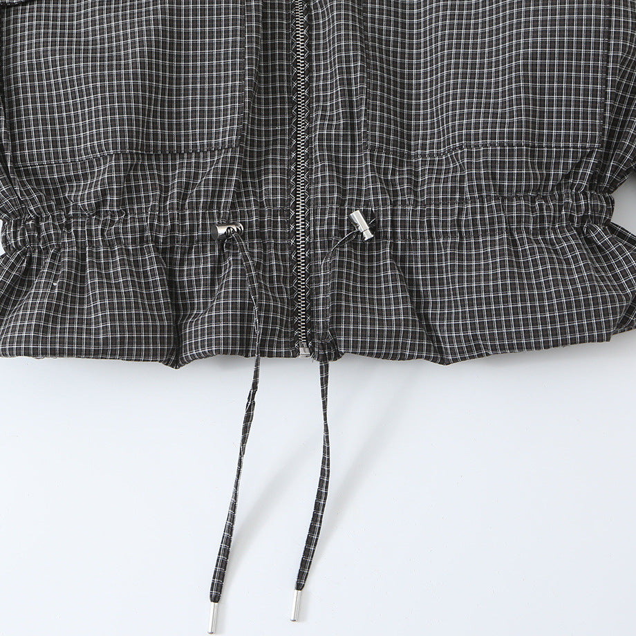 Damen Kurzjacke im karierten Utility-Bomber mit hohem Stehkragen und Kordelzug-Taille Nord Taschen