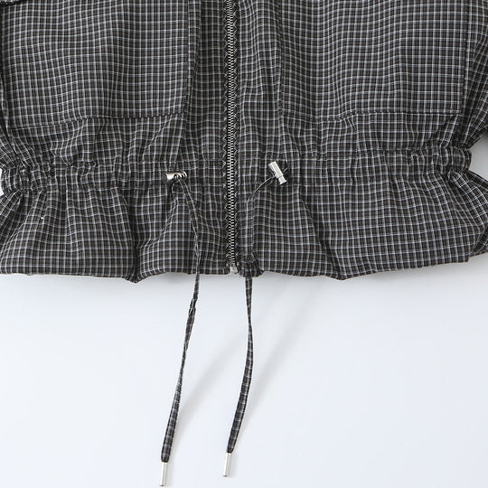 Damen Kurzjacke im karierten Utility-Bomber mit hohem Stehkragen und Kordelzug-Taille Nord Taschen