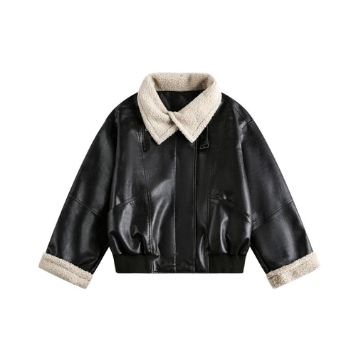 Damen Moderner Aviator-Blouson aus veganem Leder mit Teddykragen und kontrastierten Ärmelumschlägen Nord Taschen
