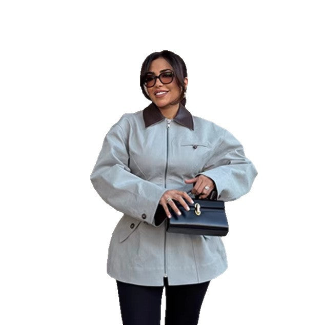 Damen Oversize-Jacke aus Lederoptik mit kontrastierendem Hemdkragen und Reißverschluss Nord Taschen