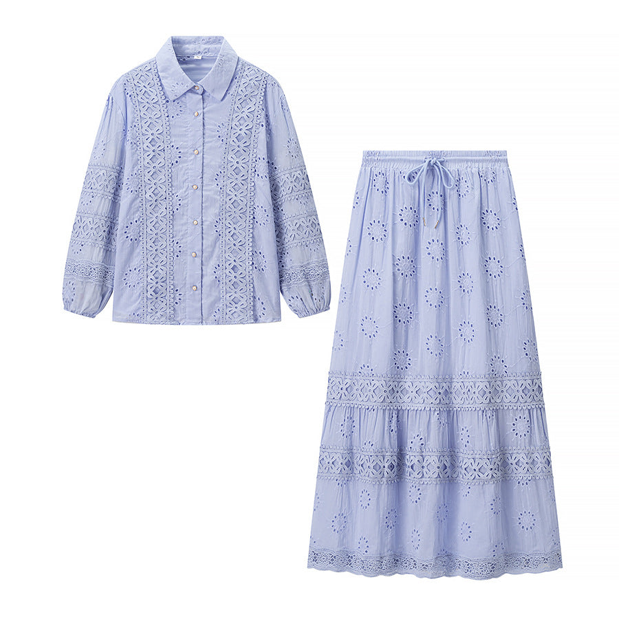 Damen Zweiteiliges Broderie-Anglaise-Set mit Hemdbluse und gestuftem Midirock Nord Taschen