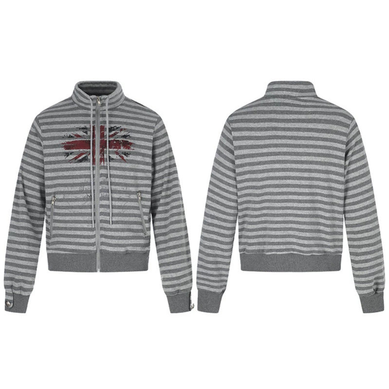 Damen Gestreifte Zip-Sweatjacke mit Stehkragen, Reißverschlusstaschen und Vintage-Flaggenprint Nord Taschen