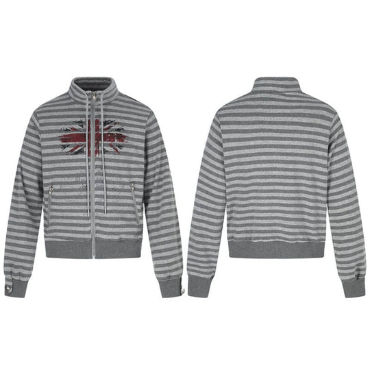 Damen Gestreifte Zip-Sweatjacke mit Stehkragen, Reißverschlusstaschen und Vintage-Flaggenprint Nord Taschen