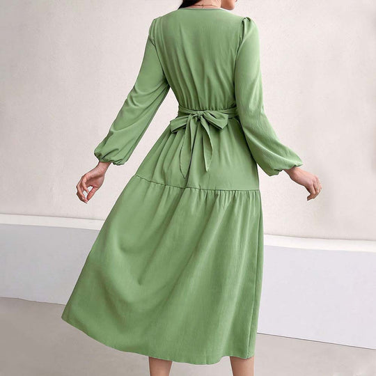 Damen langärmeliges Midikleid mit überkreuztem Drapé-Bustier, elastischer Unterbrustnaht und zweistufigem Stufenrock Nord Taschen