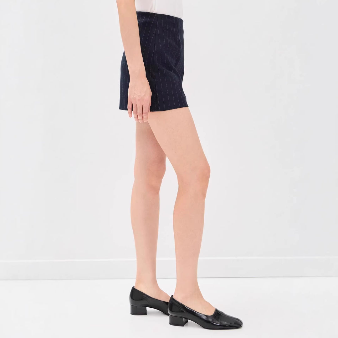 Damen Nadelstreifen‑Blazer ohne Revers mit tailliertem Minirock‑Set Nord Taschen