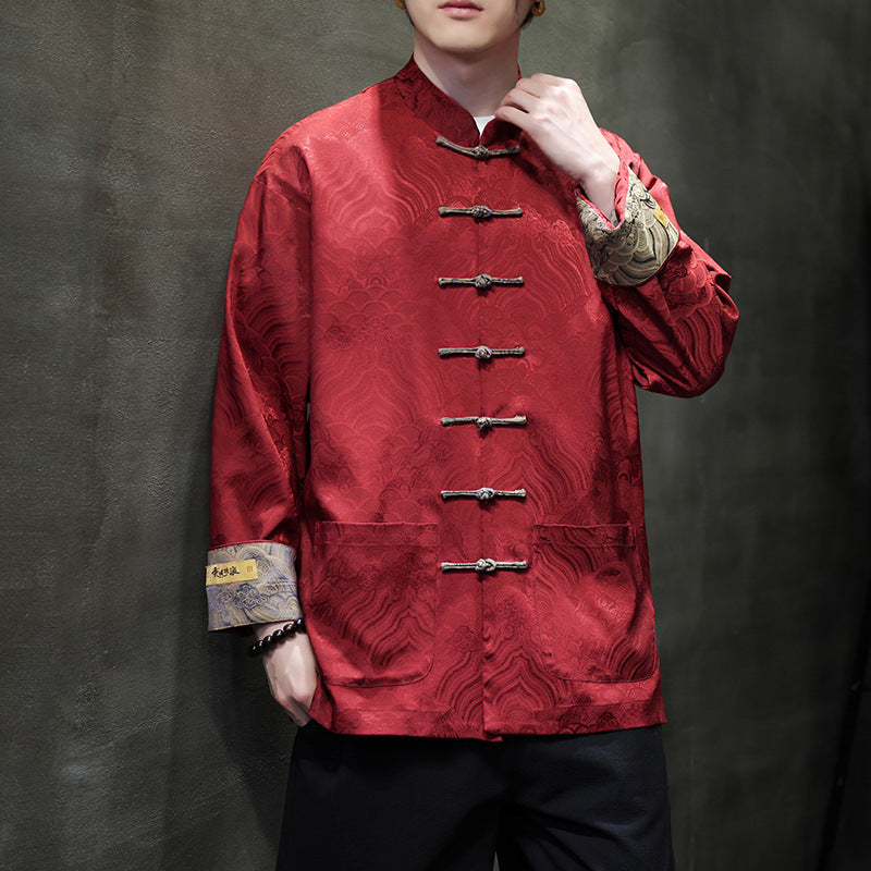 Herren traditionelle Tangjacke mit chinesischem Knotenverschluss und Brokatärmeln Nord Taschen