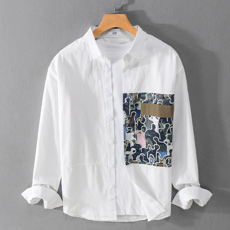 Herren Baumwollhemd mit großem Kunst-Print-Brustpatch und Kentkragen Nord Taschen