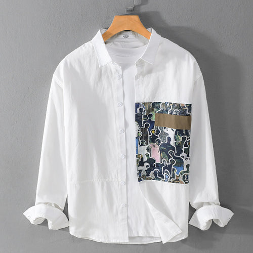 Herren Baumwollhemd mit großem Kunst-Print-Brustpatch und Kentkragen Nord Taschen