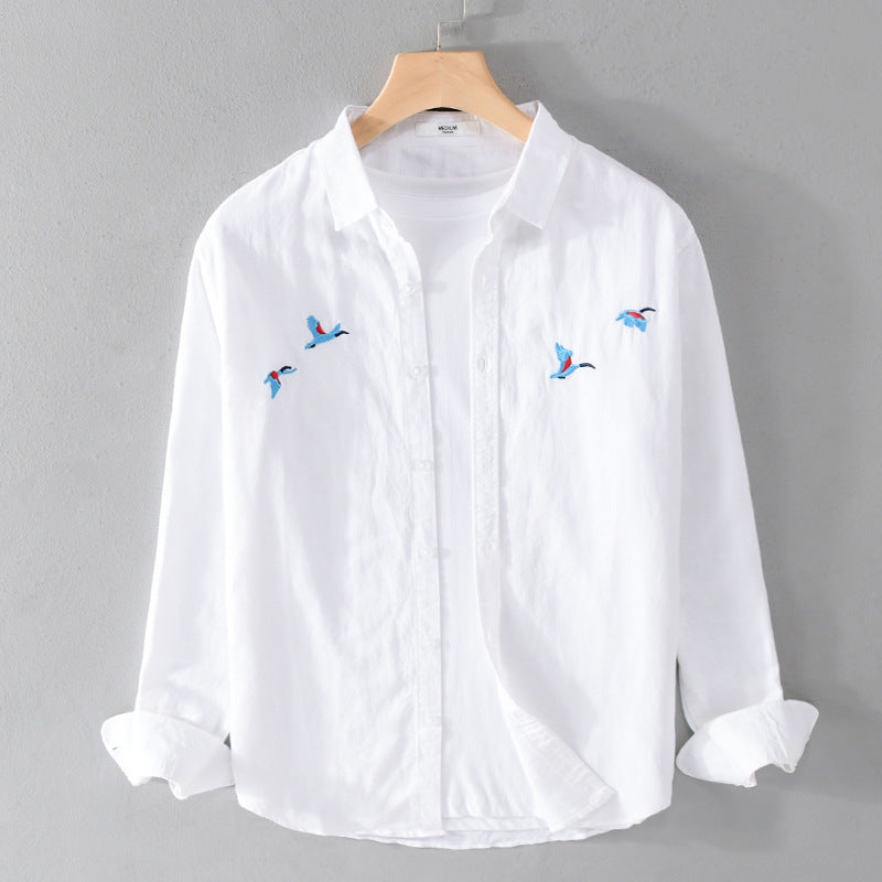 Herren Leichtes Leinenhemd mit feiner Vogelstickerei und Relaxed Fit Nord Taschen