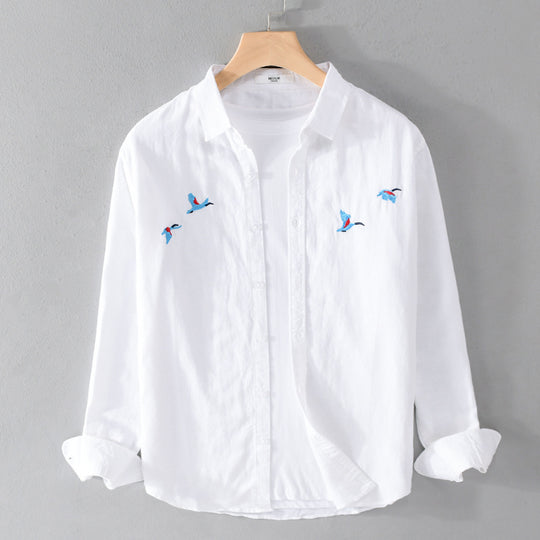 Herren Leichtes Leinenhemd mit feiner Vogelstickerei und Relaxed Fit Nord Taschen