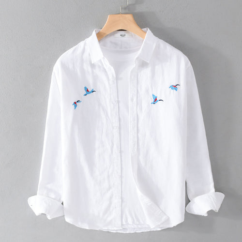 Herren Leichtes Leinenhemd mit feiner Vogelstickerei und Relaxed Fit Nord Taschen