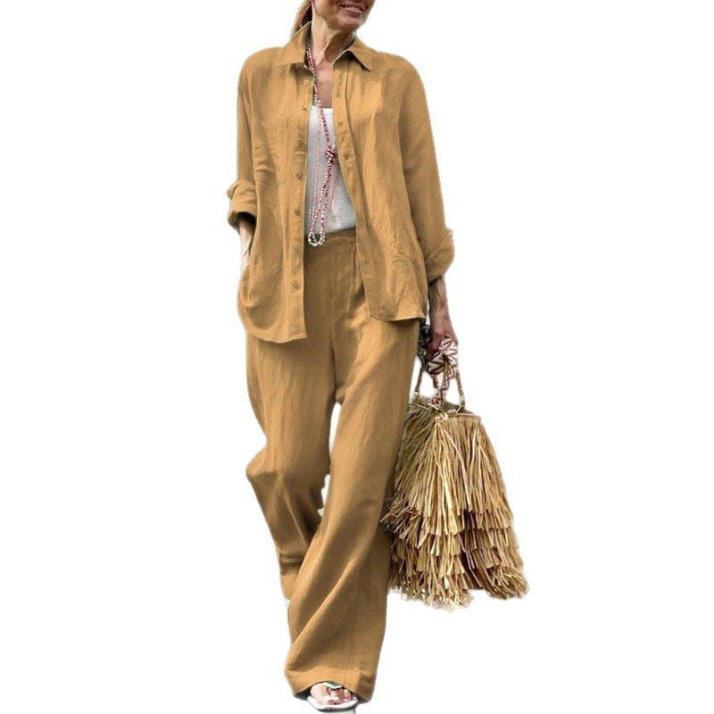 Damen Leichtes Leinen-Zweiteiler-Set mit lockerer Hemdbluse und weiter High-Waist-Hose Nord Taschen