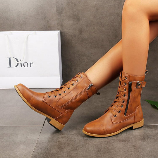 Damen Schnürstiefel mit seitlichem Reißverschluss und Zier-Riemen knöchelhoch Vintage-Bikerstiefel Nord Taschen