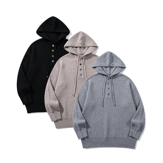 Unisex Strukturierter Kapuzen‑Strickpullover mit Henley‑Knopfleiste Nord Taschen