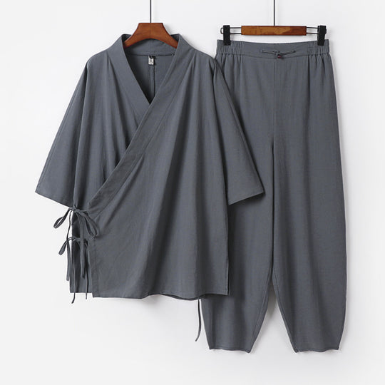 Unisex Leichtes Wickel-Lounge-Set im Kimono-Stil mit seitlichen Bindebändern und elastischer konisch zulaufender Hose Nord Taschen