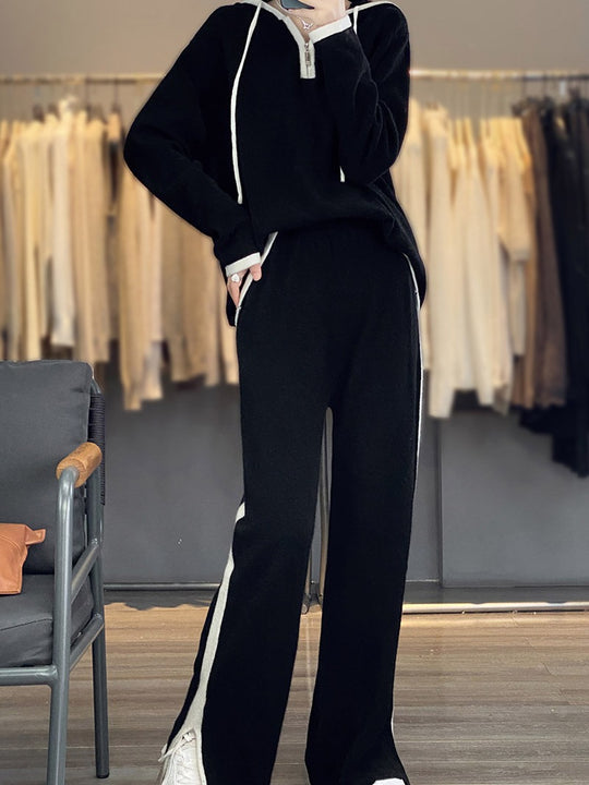 Damen Strick-Relax-Set mit Kapuze, weitem Bein und seitlichem Kontraststreifen Nord Taschen