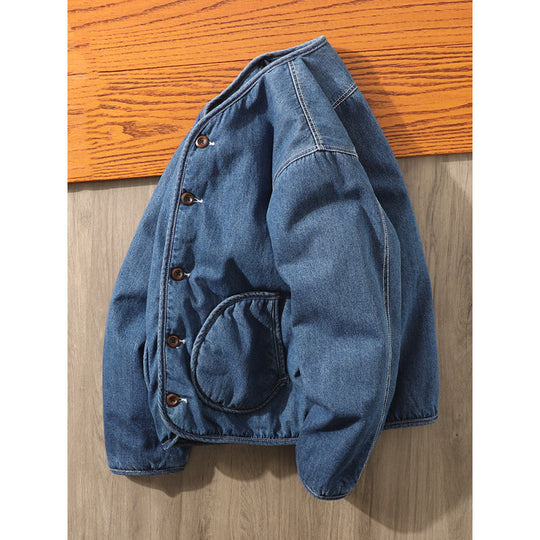 Herren Gefütterte Denim-Utility-Jacke ohne Kragen mit Knopfverschluss und runden Pattentaschen Nord Taschen