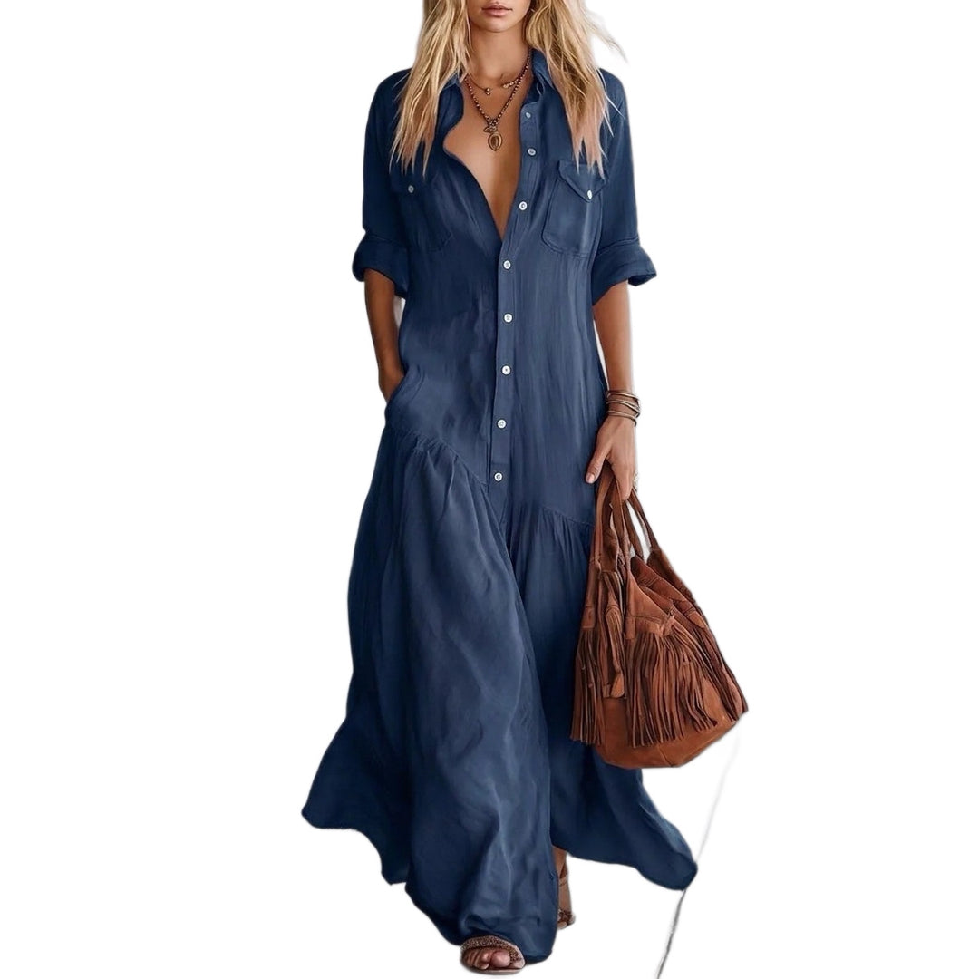 Damen Langes fließendes Hemdblusen-Maxikleid mit Knopfleiste, aufgesetzten Brusttaschen und seitlichen Eingrifftaschen Nord Taschen