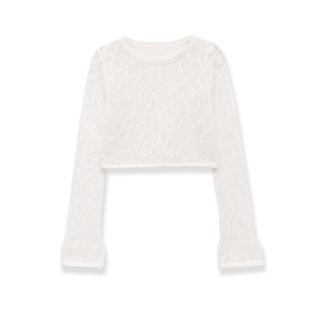 Damen gehäkeltes Cropped-Strickoberteil mit Trompetenärmeln Nord Taschen