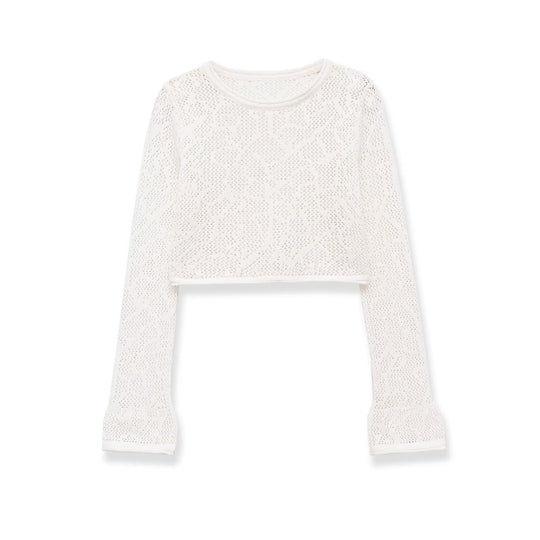 Damen gehäkeltes Cropped-Strickoberteil mit Trompetenärmeln Nord Taschen