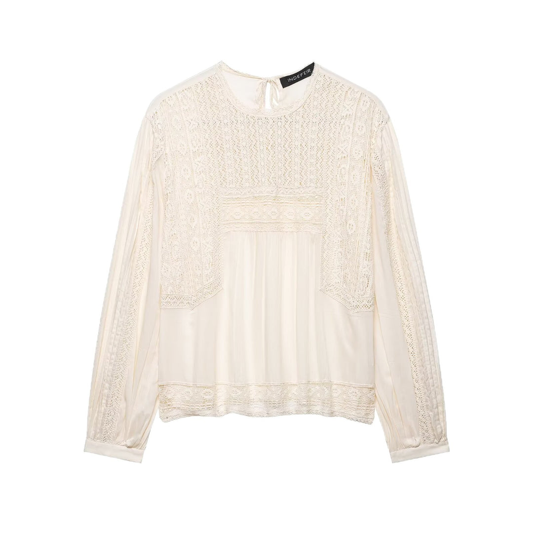 Damen Langärmlige Boho-Spitzenbluse mit Häkel- und Plissee-Details Nord Taschen