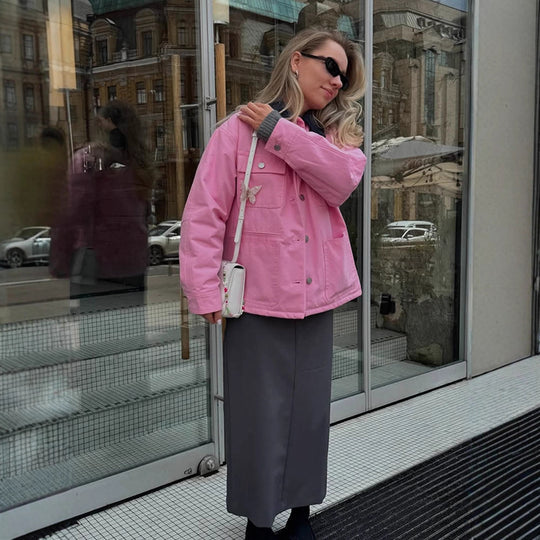 Damen Boxy Overshirt-Jacke mit aufgesetzten Taschen & Metallknopfleiste Nord Taschen