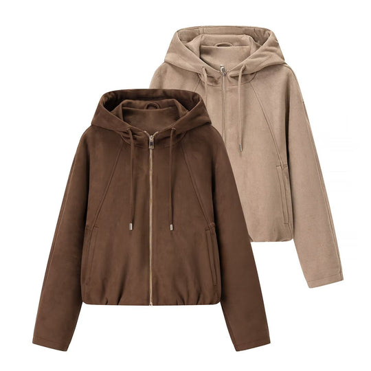 Damen Kurzjacke im Veloursleder‑Look mit Kapuze, Tunnelzug und Reißverschluss Nord Taschen