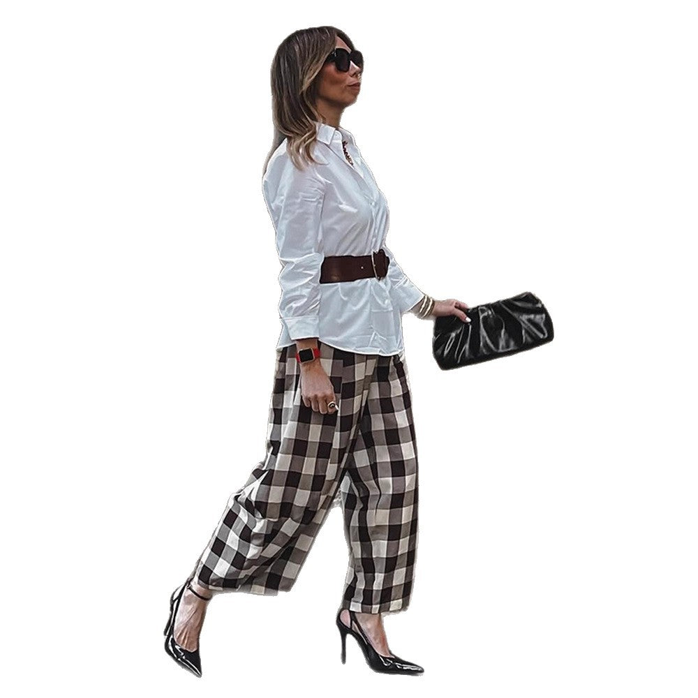 Damen Karo-Hochtaillierte Palazzo-Hose mit weitem Bein & Bundfalten Nord Taschen