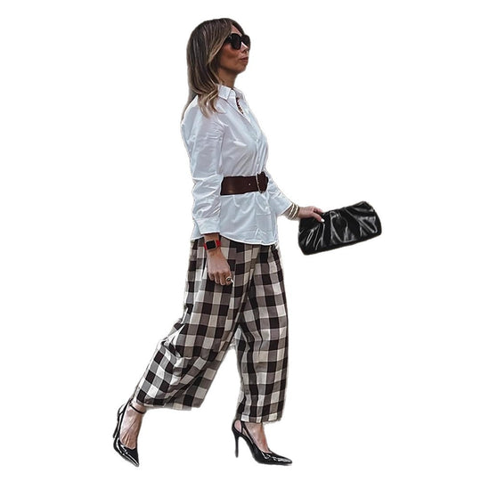 Damen Karo-Hochtaillierte Palazzo-Hose mit weitem Bein & Bundfalten Nord Taschen