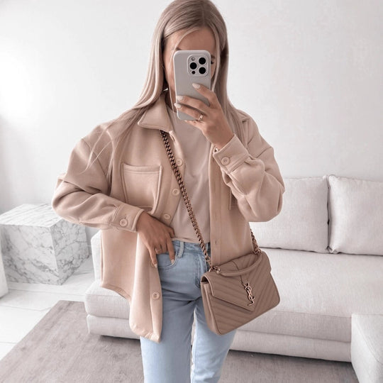 Damen Oversized Hemdjacke Shacket aus weichem Wollmix mit aufgesetzten Brusttaschen Nord Taschen