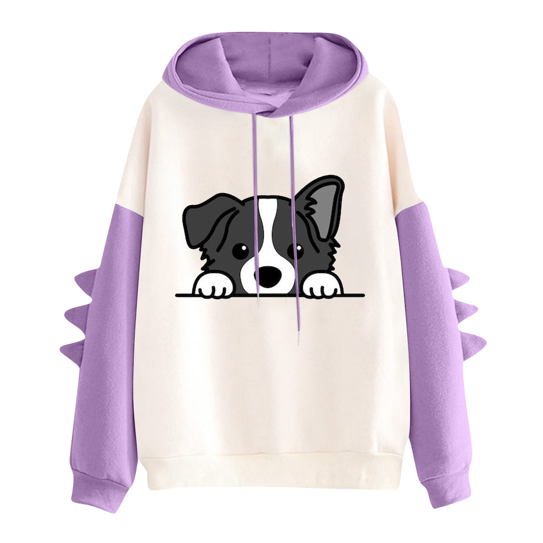 Damen nan Kapuzenpullover mit niedlichem Hunde‑und‑Katzen‑Print und 3D-Stacheln an den Ärmeln Nord Taschen