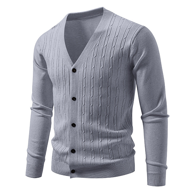 Herren Feinstrick-Cardigan mit tiefem V-Ausschnitt schmaler Passform und vertikalem Zopfstrick Nord Taschen