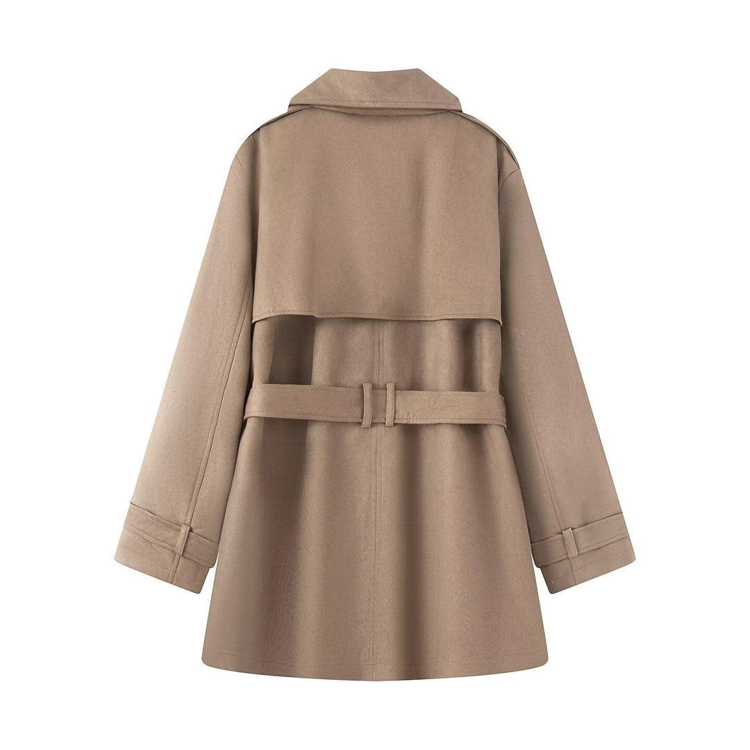 Damen Taillierter Wildlederoptik-Trenchcoat mit Bindegürtel und doppelreihiger Knopfleiste Nord Taschen