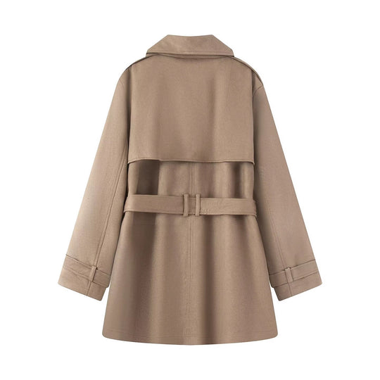 Damen Taillierter Wildlederoptik-Trenchcoat mit Bindegürtel und doppelreihiger Knopfleiste Nord Taschen