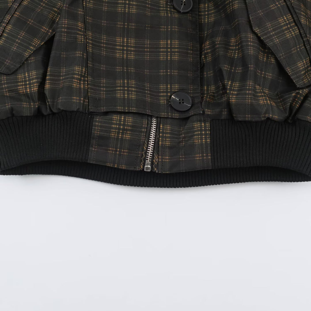 Damen Karierter Cropped‑Bomber mit weitem Ballonärmeln und hohem Stehkragen Nord Taschen