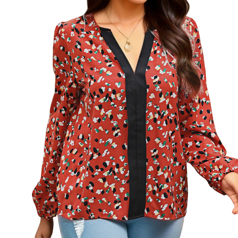 Damen Locker geschnittene V-Ausschnitt-Bluse mit kontrastierter Zierblende und Allover-Print Nord Taschen