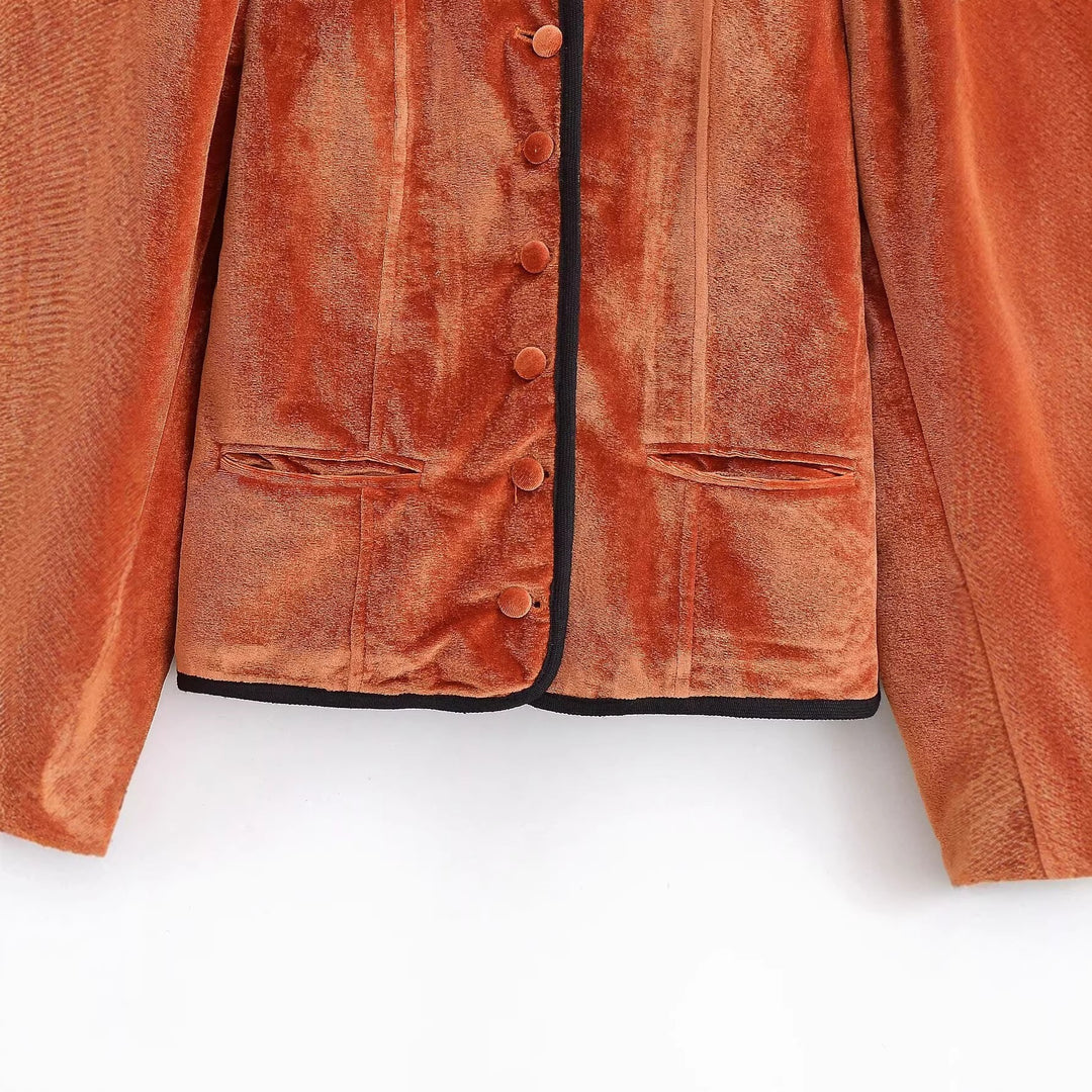 Damen Samtjacke mit Stehkragen, kontrastreicher Paspelierung und Knopfverschluss Nord Taschen