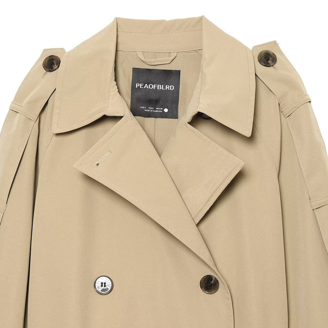 Damen Doppelreihiger Trenchcoat mit abnehmbaren Cape-Ärmeln und Taillengürtel Nord Taschen