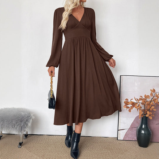 Damen Maxikleid Wickeloptik mit V-Ausschnitt, Empire-Taille und langen Ballonärmeln Nord Taschen