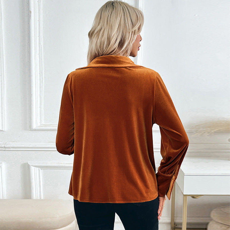 Damen Samtbluse mit Wasserfalldrapierung, Hemdkragen und Ballonärmeln Nord Taschen