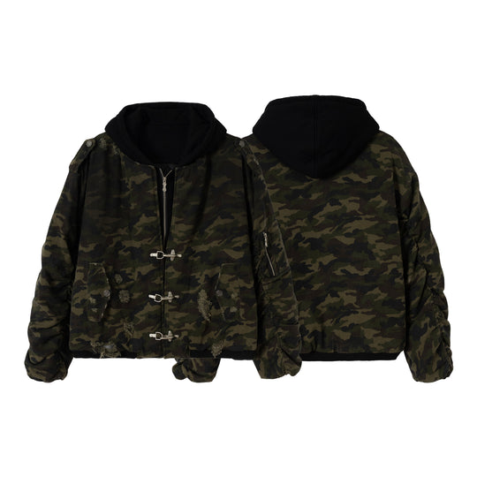 Herren Camouflage Utility-Bomberjacke mit Kapuze, Distressed‑Details und Hakenverschluss Nord Taschen