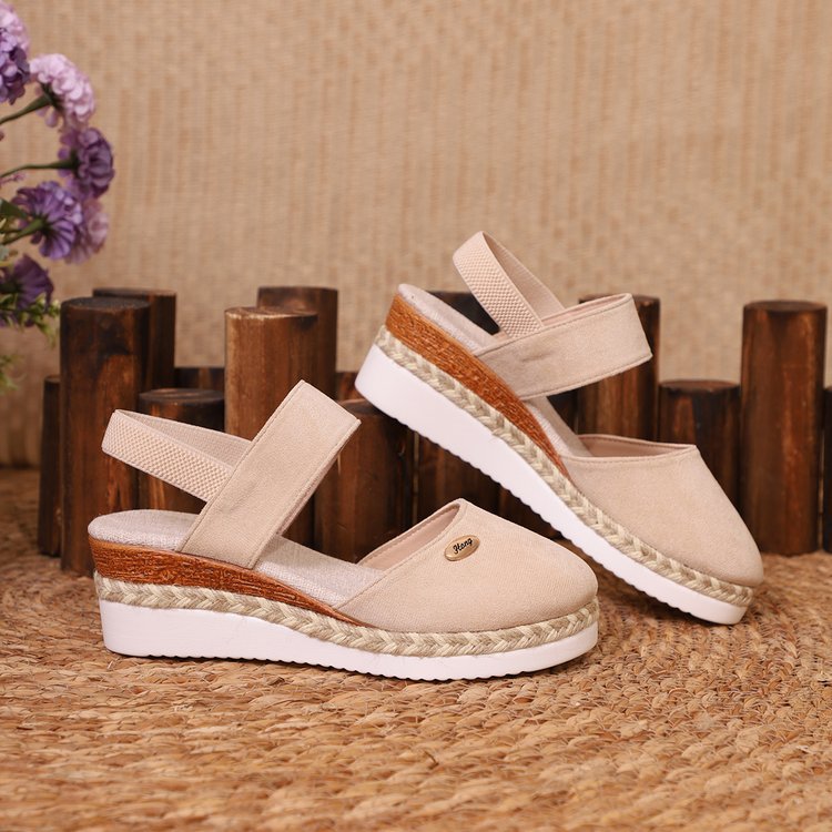 Damen  Espadrille-Keilpantoletten mit elastischem Fersenriemen, Veloursoptik-Obermaterial und geflochtenem Jute-Plateau Nord Taschen