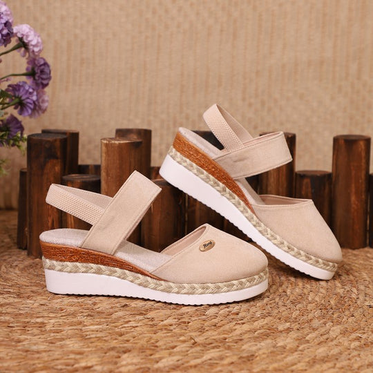 Damen  Espadrille-Keilpantoletten mit elastischem Fersenriemen, Veloursoptik-Obermaterial und geflochtenem Jute-Plateau Nord Taschen