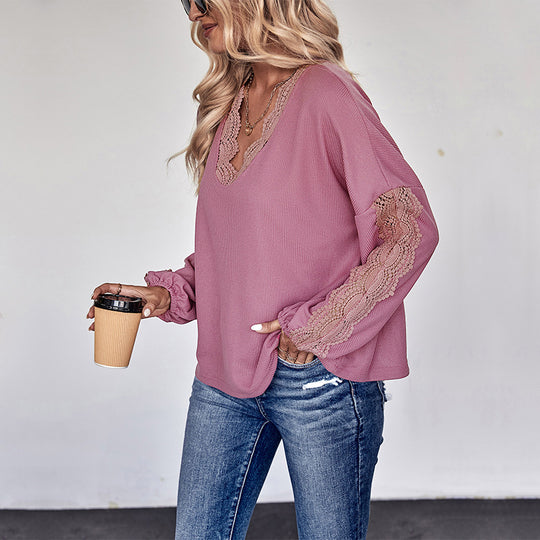 Damen Lockeres Shirt mit V‑Ausschnitt, Spitzenbesatz und Ballonärmeln Nord Taschen