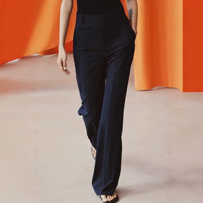 Damen Highwaist-Hose mit weitem Bein und Nadelstreifen Nord Taschen