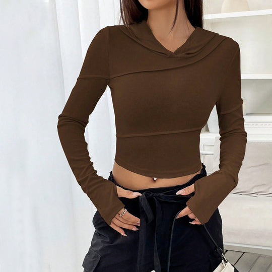 Damen geripptes Cropped-Longsleeve mit Kapuzenkragen, asymmetrischen Nähten und Trompetenärmeln Nord Taschen